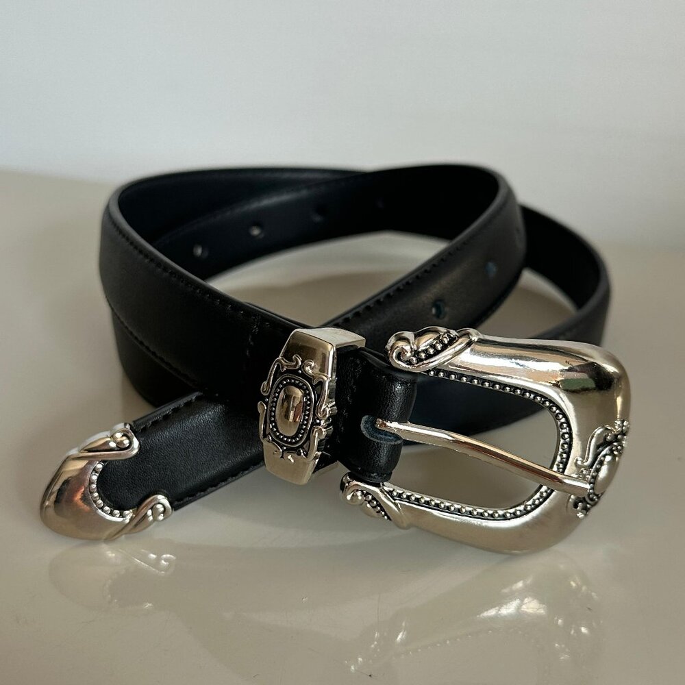 Black 100% Genuine Leather Belt w/ Engraved Silver Buckle – 0.9" Slim Fit